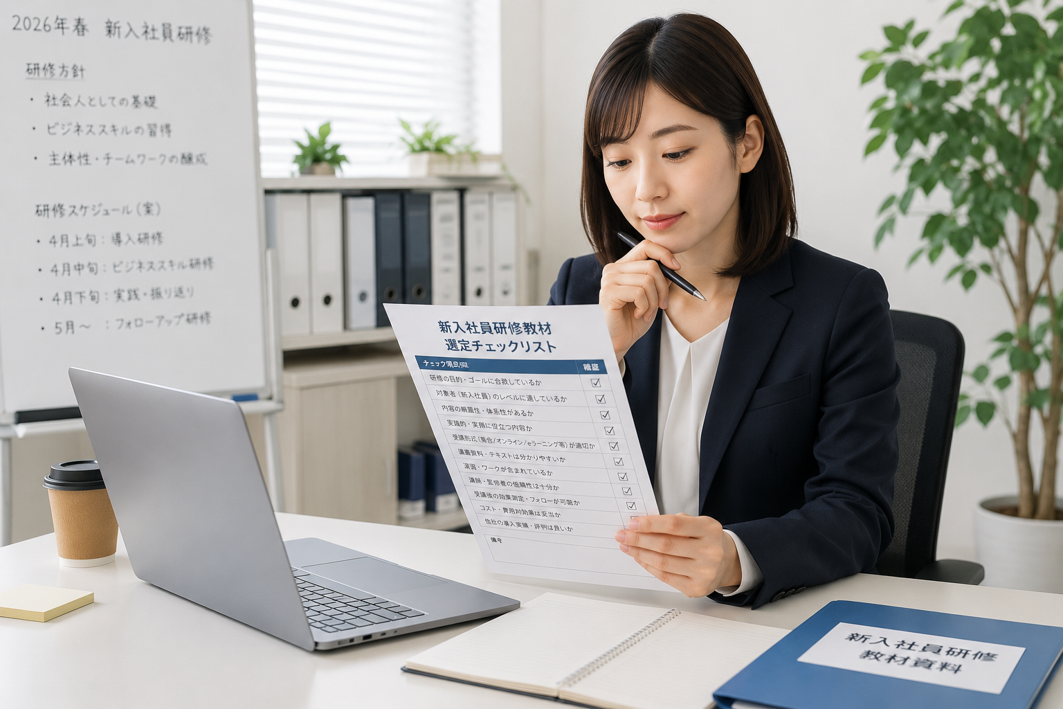 新入社員研修教材の選定チェックリストを確認する人事担当者のイメージ