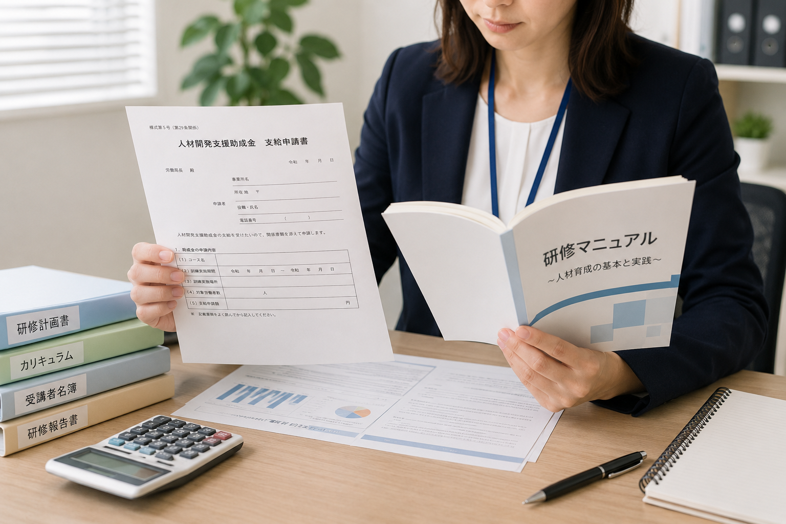助成金申請書類と研修マニュアルを確認する人事担当者のイメージ