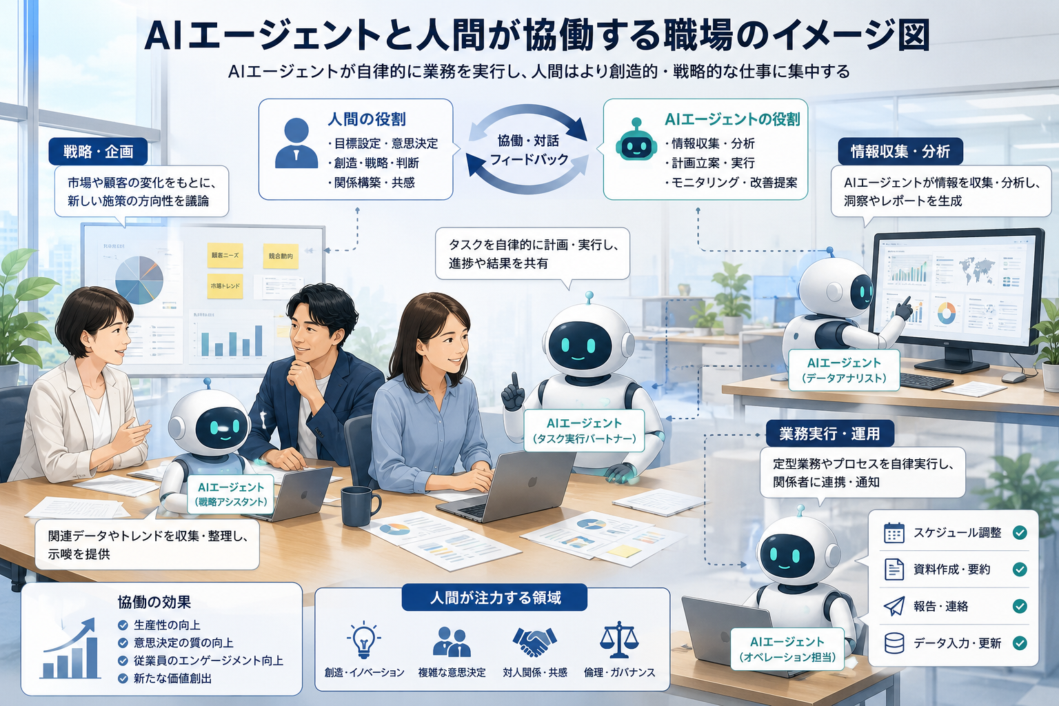 AIエージェントと人間が協働する職場のイメージ図