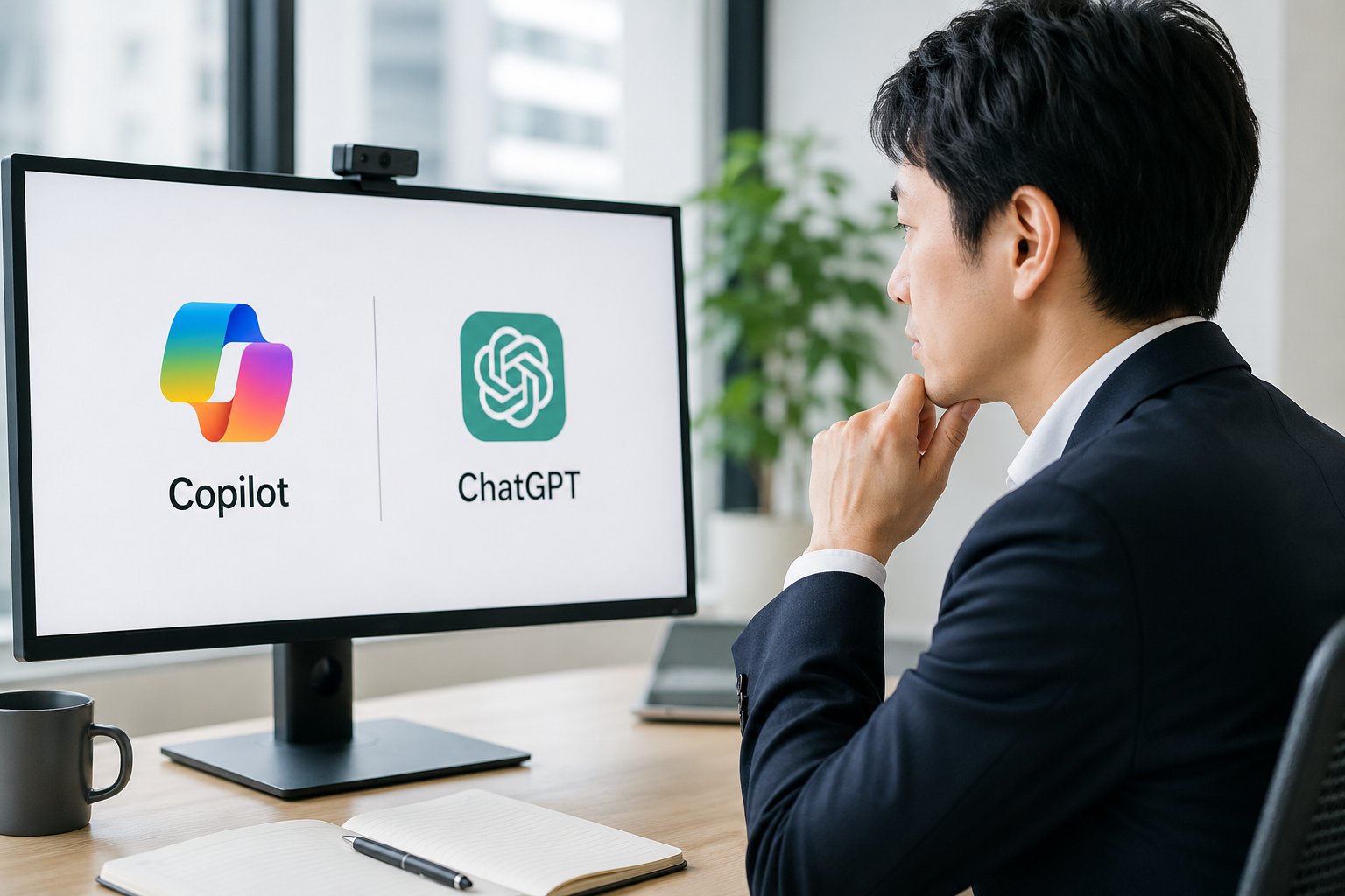 CopilotとChatGPTのロゴが並ぶ画面を確認するビジネスパーソンのイメージ