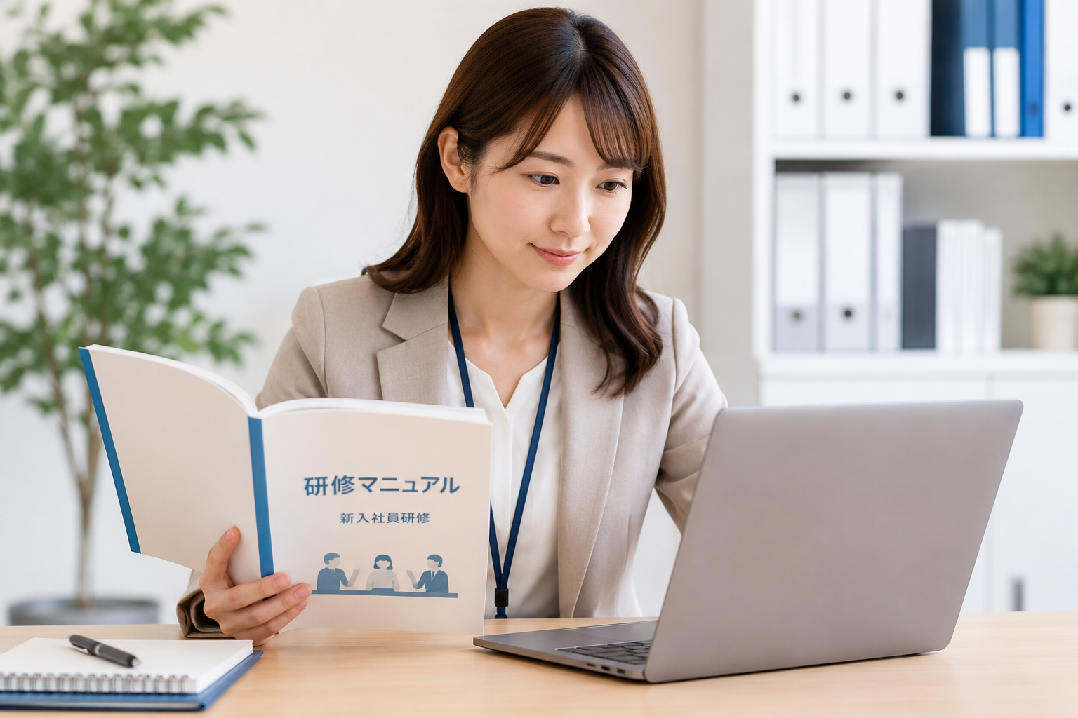 研修マニュアルとノートPCを並べて確認する人事担当者のイメージ