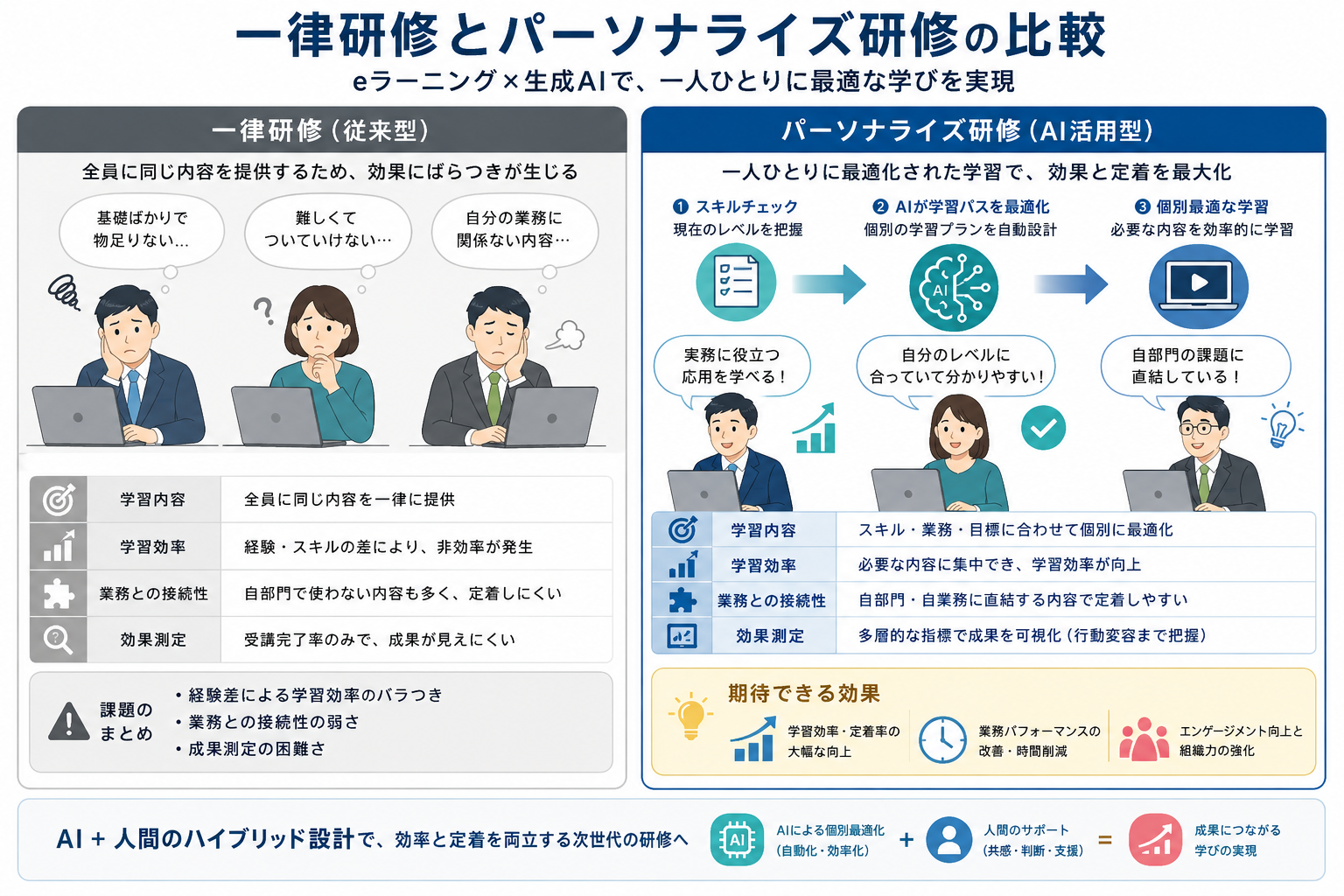 一律研修とパーソナライズ研修を比較するインフォグラフィック