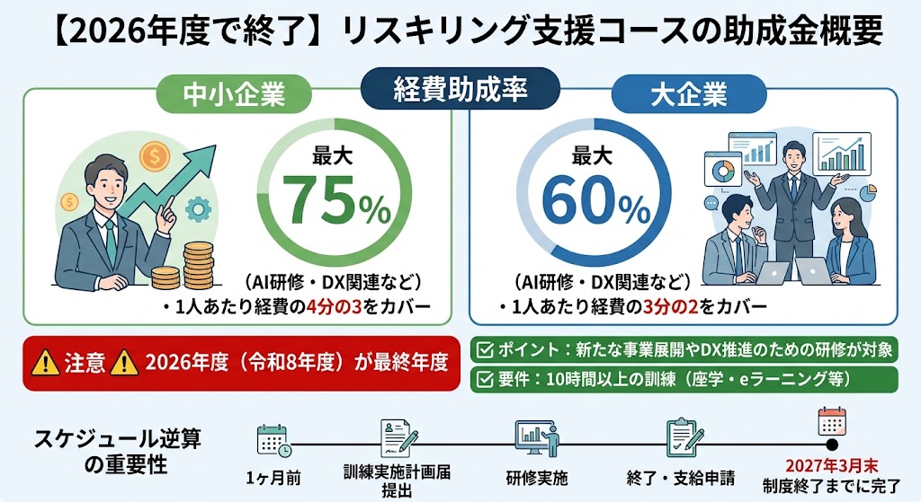 リスキリング支援コースの助成率を示す図表（中小企業75%・大企業60%）