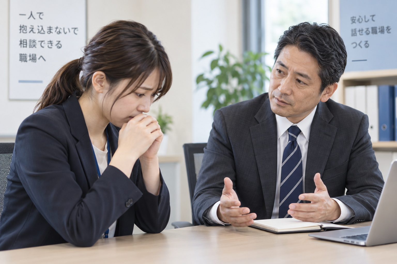 部下からの相談を受ける管理職と、話しづらそうにしている従業員