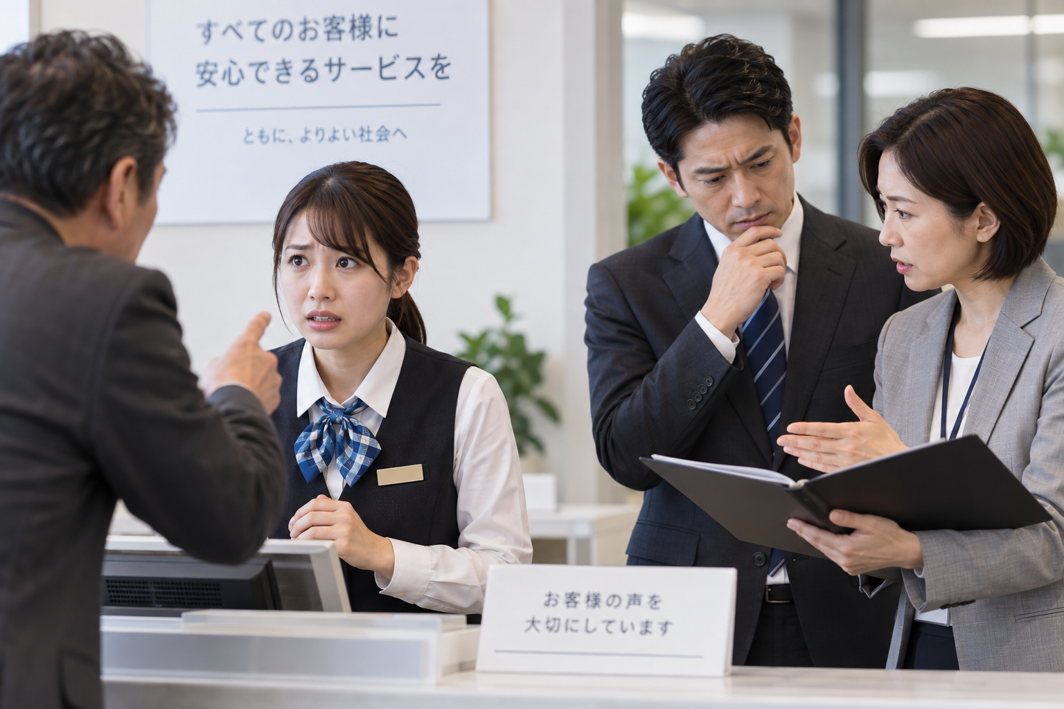 顧客対応の現場で困惑する従業員と、対応を協議する管理職
