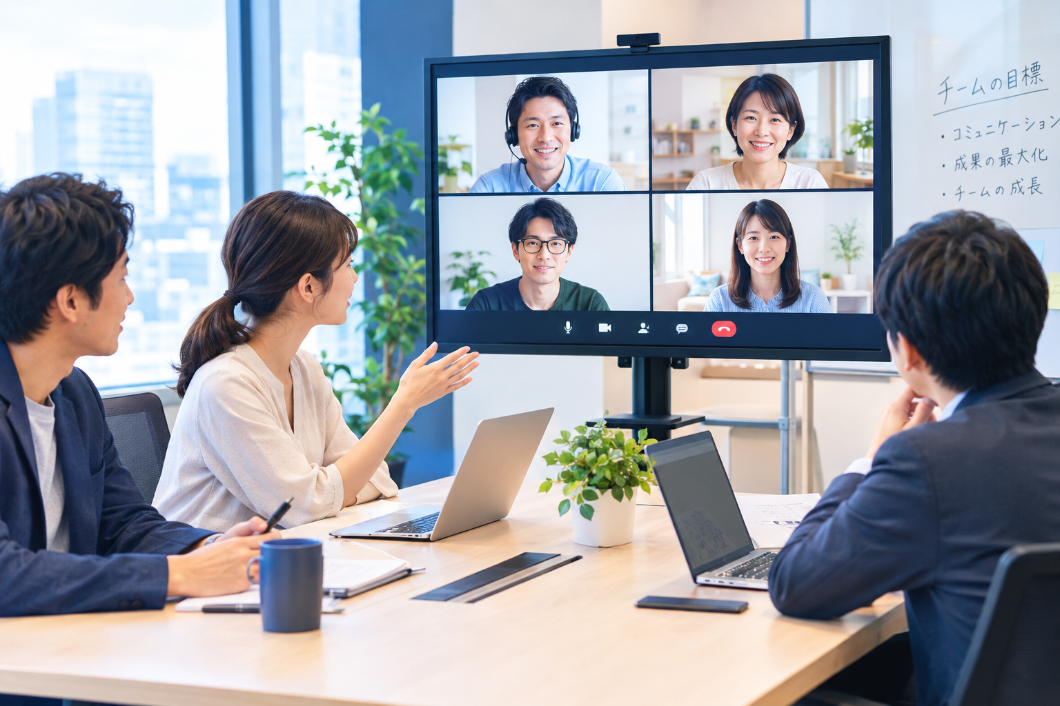 出社とリモートが混在するハイブリッドワークのチーム会議